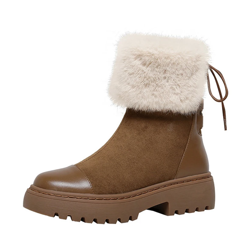 

ANNYMOLI Snow Boots Women Real Leather High Heel Ankle Boots Platform Chunky Heel Short Boots Lace Up Female Shoes Brown Size 40