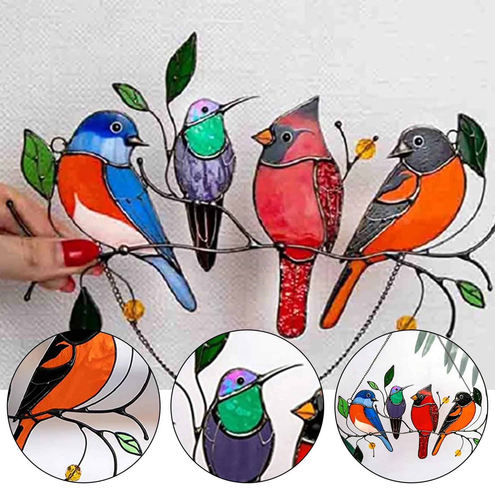 

Multicolor Birds On A Wire High Stained Glass Window Panel Bird Series Ornaments Pendant Home Decoration Gifts For Bird Lover