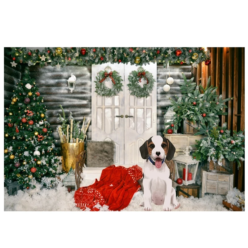 3D фон для фотосъемки с изображением рождественской елки и двери зимней снежной