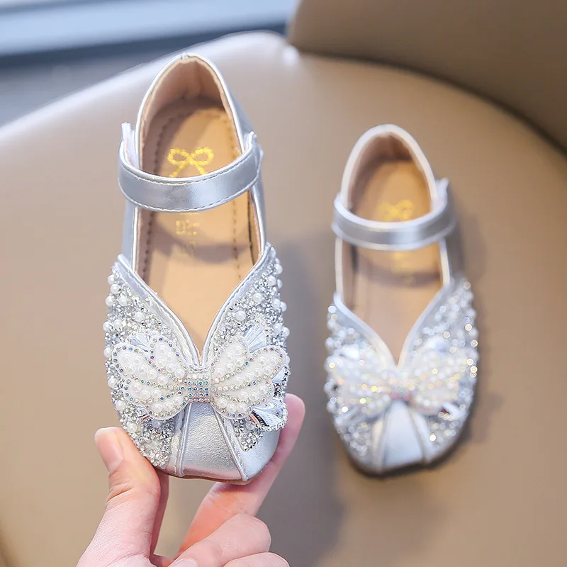 

2021 Spring Autumn Girls Princess Leather Shoes Bowknot Pearl Children Shoes Comfortable Student Soft Bottom Kids Party Shoes