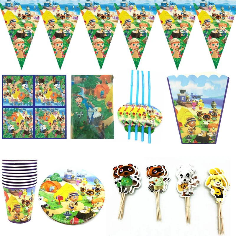 

97pcs/lot Birthday Party Animal Crossing Theme Plates Cups Tablecloth Decorate Napkins Banner Popcorn Boxes Cake Toppers Straws