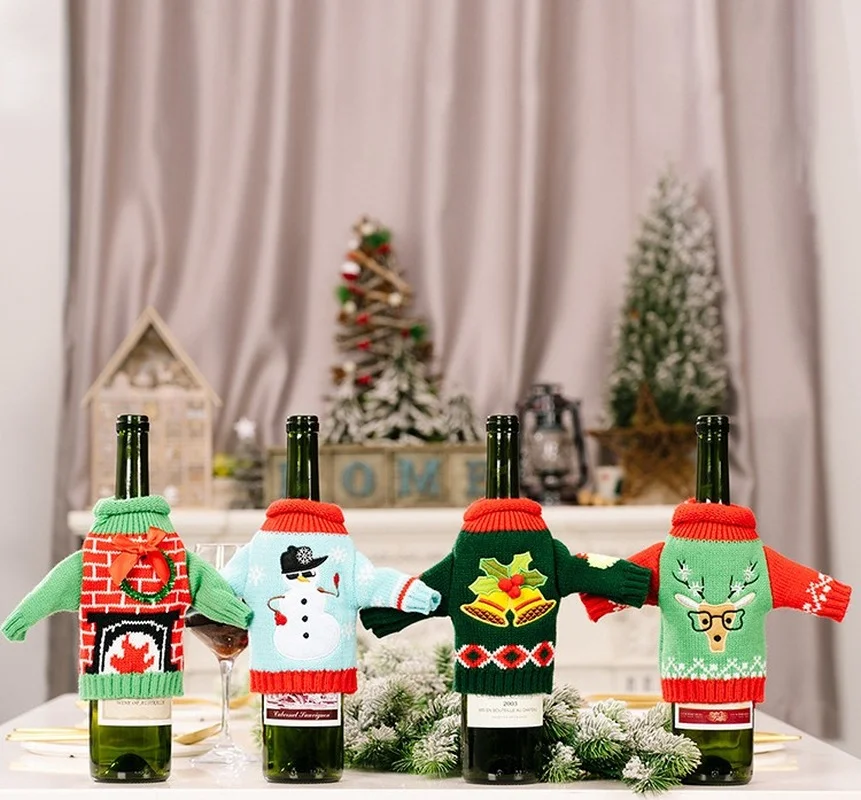 

Christmas Wine Bottle Cover Knitted Clothes Wine Set Champagne Bottle Cover Bag Merry Christmas Decor For Home Table Decor Gift
