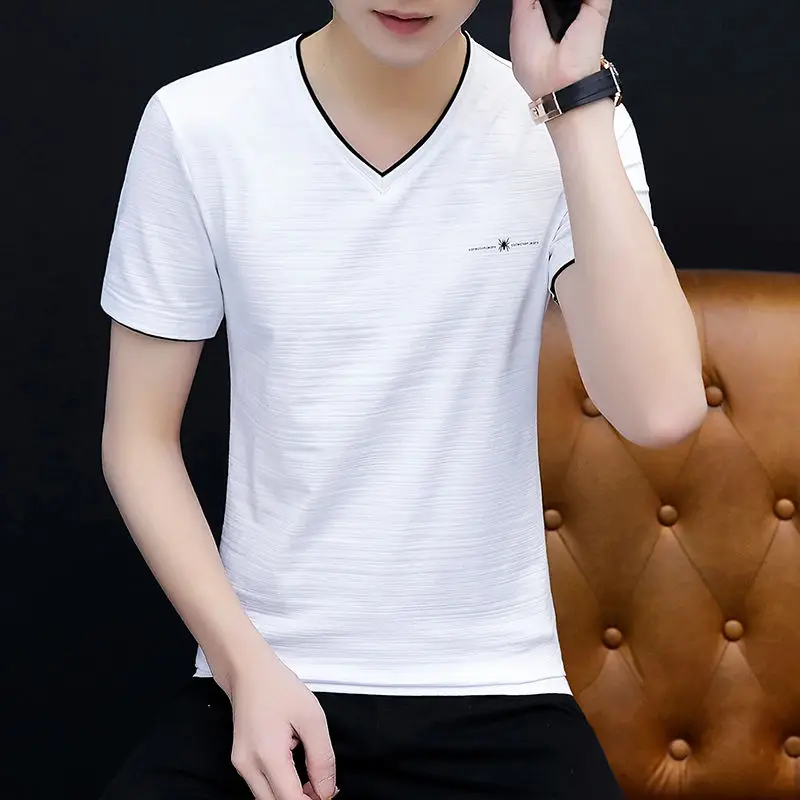 

Men's V-neck short sleeve T-shirt summer solid color clothing youth trend men's wear