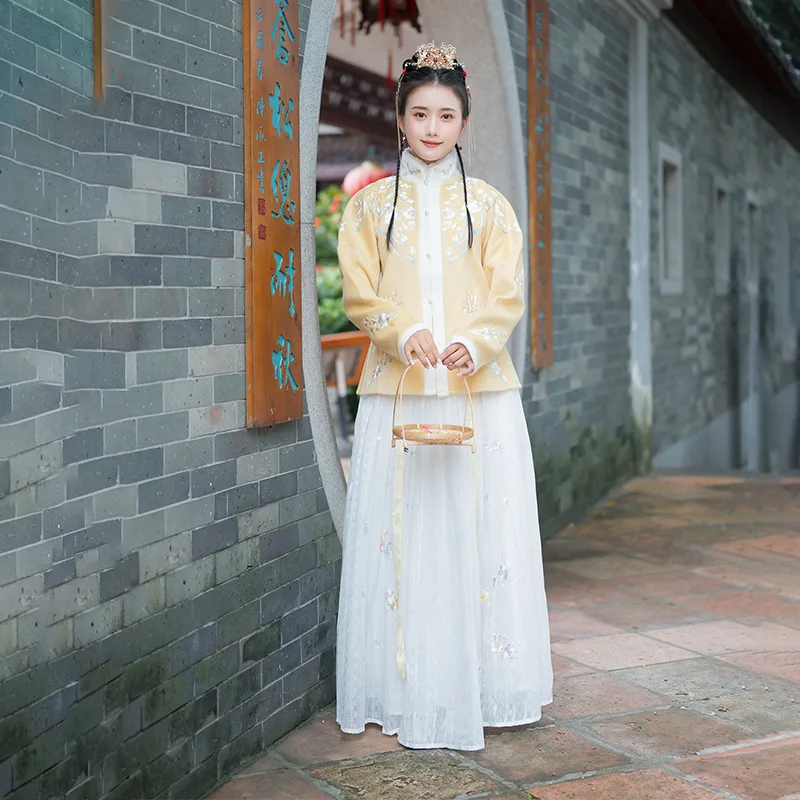 Зимний Традиционный китайский комплект одежды Hanfu женское платье с вышивкой