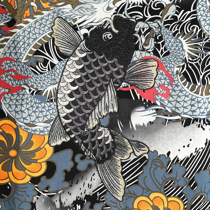 Мужская футболка с вышивкой дракона летняя в японском китайском стиле Харадзюку