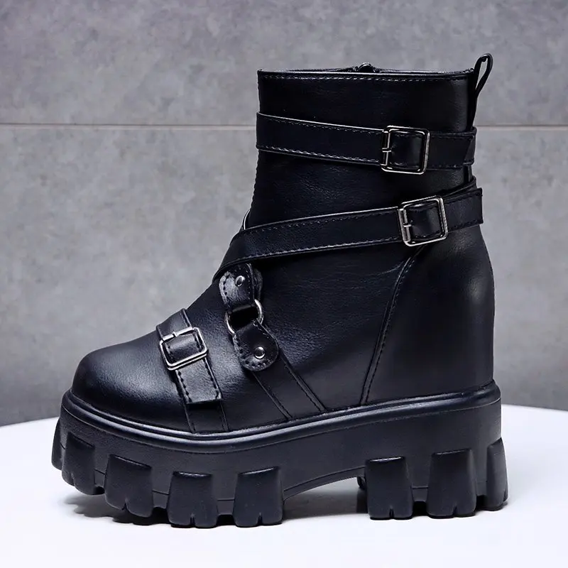 

Round Toe Women Ankle Boots 2020 Autumn Platform Lacing Buckle Short Boots Female Soft Leather Boots Wedges Heels Shoes 10cm