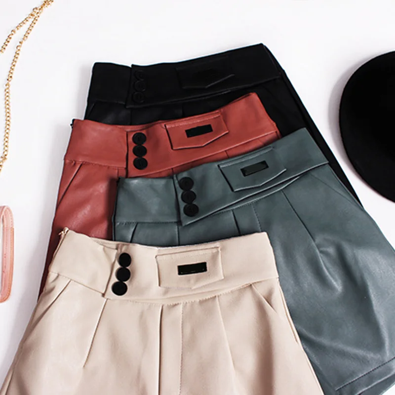 

Autumn Faux Leather High Waist Women's Shorts Zipper Button Female Short Pants Solid New All-Match Casual Loose Ladies Clothes