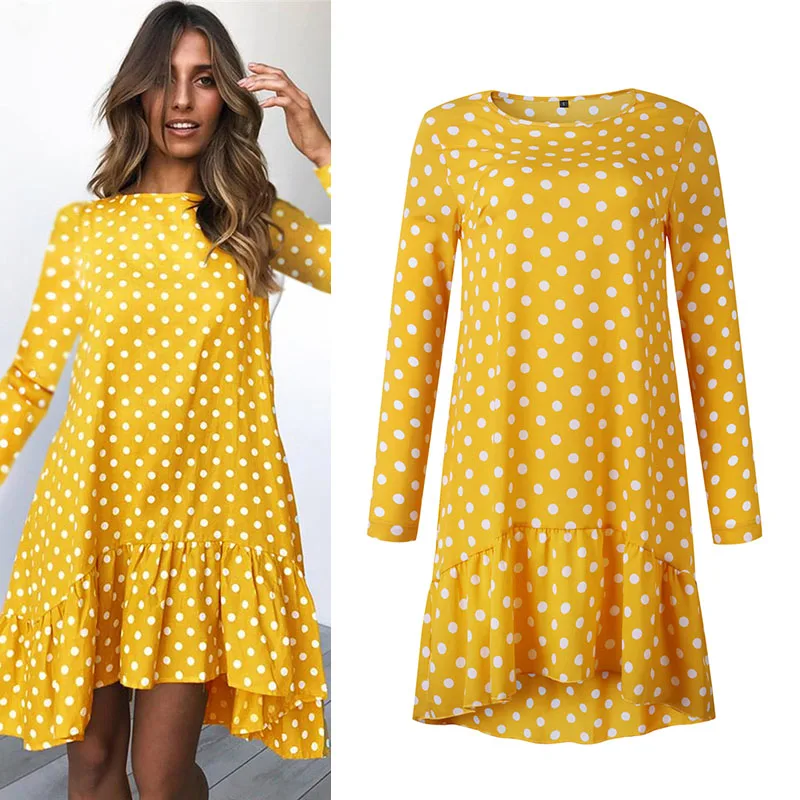 Модные платья с оборками для женщин, с принтом в горошек, с длинными рукавами, мини-платье коричневого цвета винтажной осени большого размера, желтая уличная одежда.