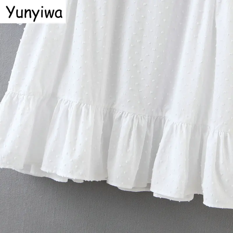 Модное женское белое платье в горошек с вышивкой и длинным рукавом повседневное