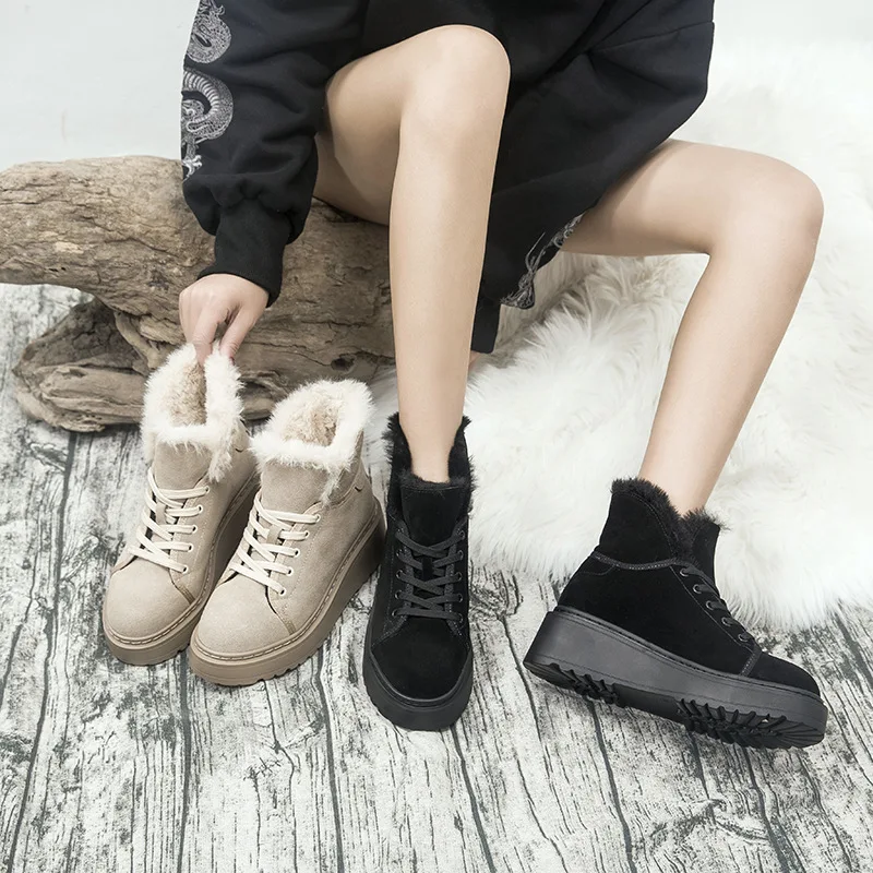 

2019 Winter New Real Leather Warm Shoes Women Cross-tied Platform Snow Boots Plush Female botas mujer Fur Ladies Ankle Boots