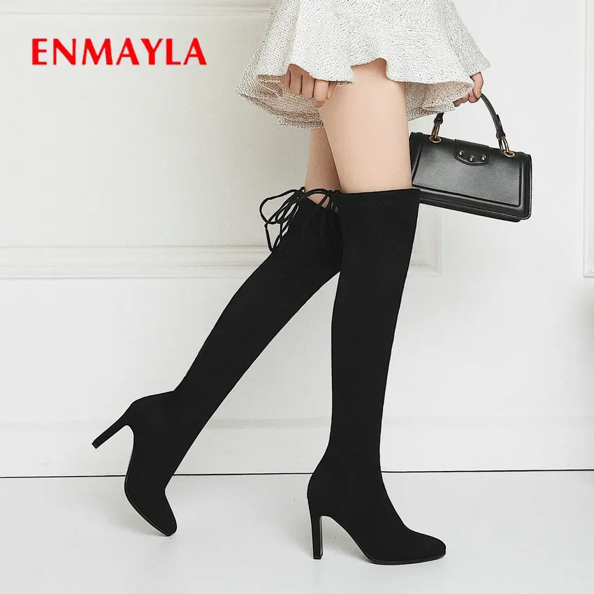 

ENMAYLA 2019 Women Shoes Faux Suede Over-the-Knee Pointed Toe Lace-Up Thigh High Boots Winter Thin Heels Women Boots Size 34-43