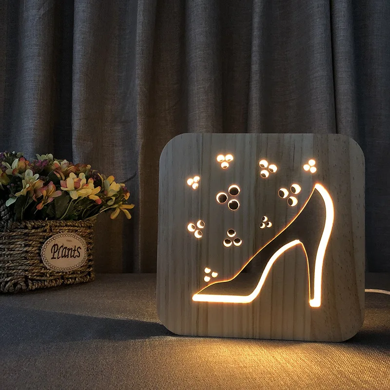 Solid Wood Carved High Heels Modeling LED Lights Creative Wooden Gift Night Lights LED Christmas Lights