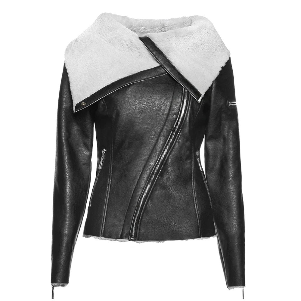 Женские куртки из искусственной кожи с отворотами на молнии зимние винтажные