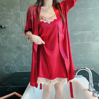 Korean Version Lace Silk Five Piece Set of Women's Sexy Pajamas with Sling, Nightdress, Nightgown Household Clothes Sleepwear