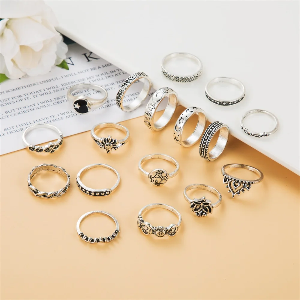 17 шт. Винтажные черные кольца-цепочки с драгоценными камнями в стиле панк набор