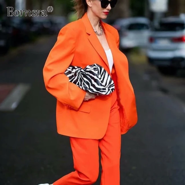 

Bornsra 2021 Autumn New Ins Street Shooting Orange Suit One Button Mid-length Jacket High Street Full Orange Women Blazers