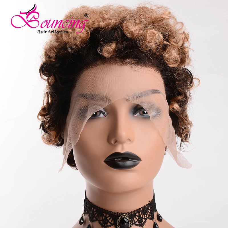 Bouncing 13*4 человеческие волосы на кружеве, парики, Короткие стриженые, Pixie парик, бразильские Remy человеческие волосы, парик 1B/27, кудрявый, индивидуальный, 130 Плотность, парик