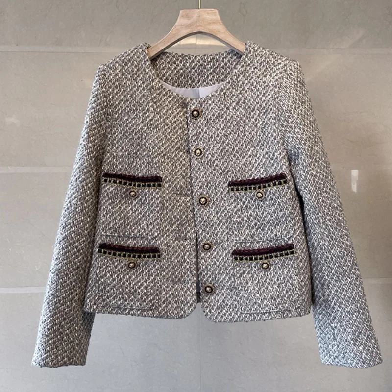 Luxury Office Plaid Tweed Jackets Women Coat O-Neck Long Sleeve Vintage Harajuku Woolen Outwear Elegant Retro Lady k3334