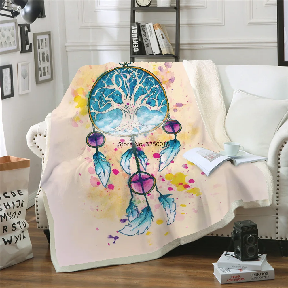 

Dreamcatcher Print Square Sherpa Blanket Camping Picnic Sofa Back To School Thick Wool Blanket Home Bedroom Decoration Tapestry