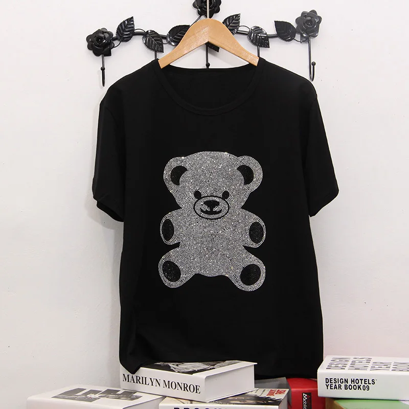 

Summer 2021 new Korean of the Short-sleeved t-shirt female loose fashion with diamonds cotton black women tops Bottoming shirt