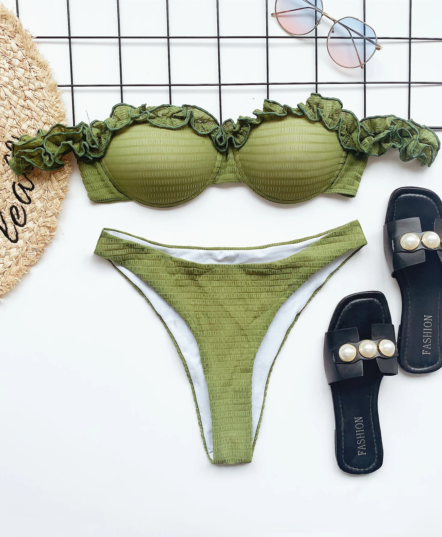 

2021 New Summer Green Ruffle Without Straps Gather The Chest High Waist Split Swimsuit Woman Tube Top Swimsuits Bikinis Set