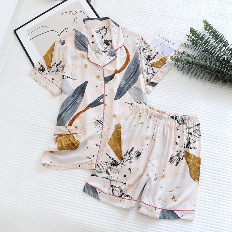 SR046 Summer Viscose Cotton Short Sleeve Shirt Thin Printed Pajamas Womens Pyjamas Set Sleepwear Women Pajamas Shorts Female