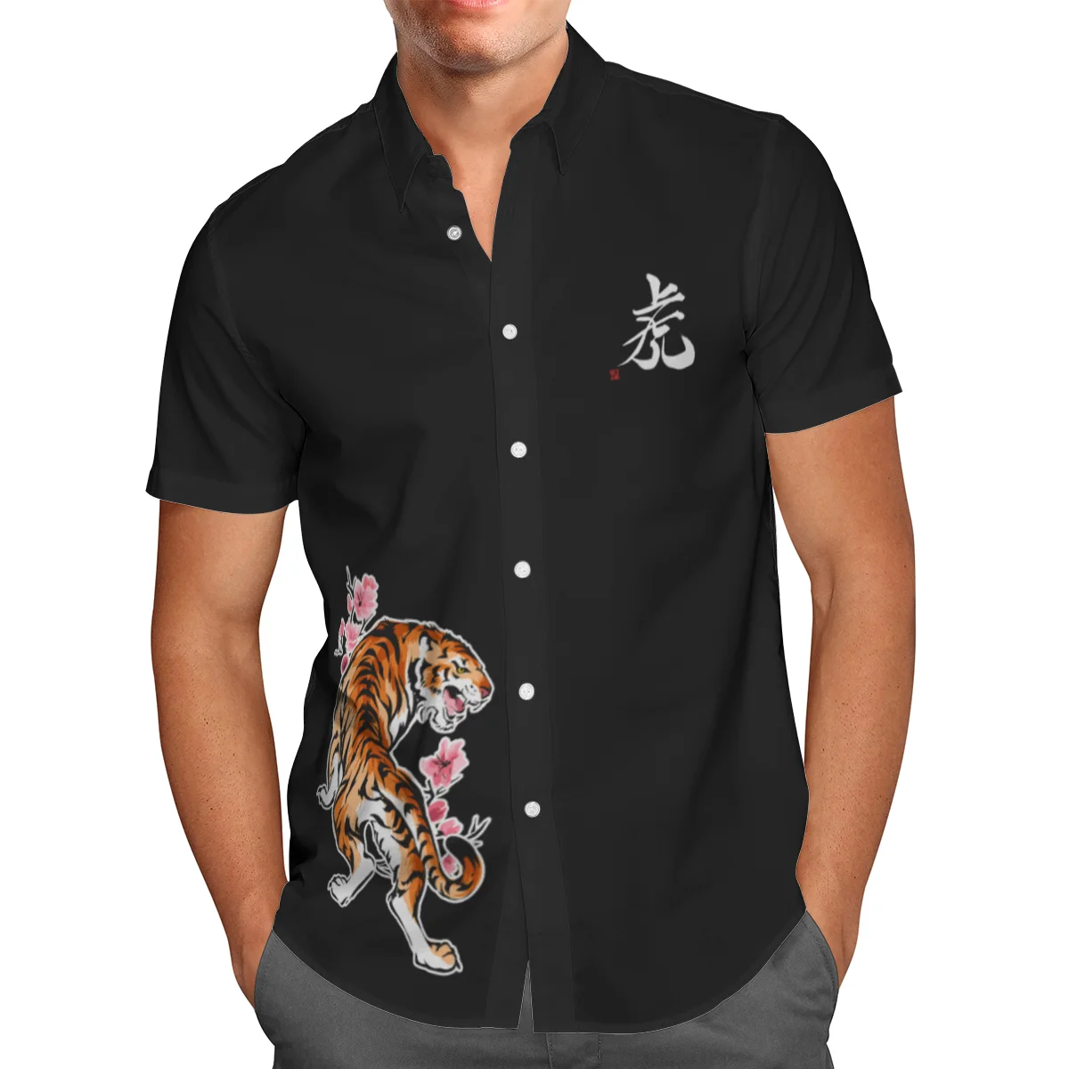 

Mighty Tiger Print Short Sleeve Shirts For Men Loose Cardigan Button Shirt Plus Size Hawaiian Style Summer 2021 Ventilated Shirt