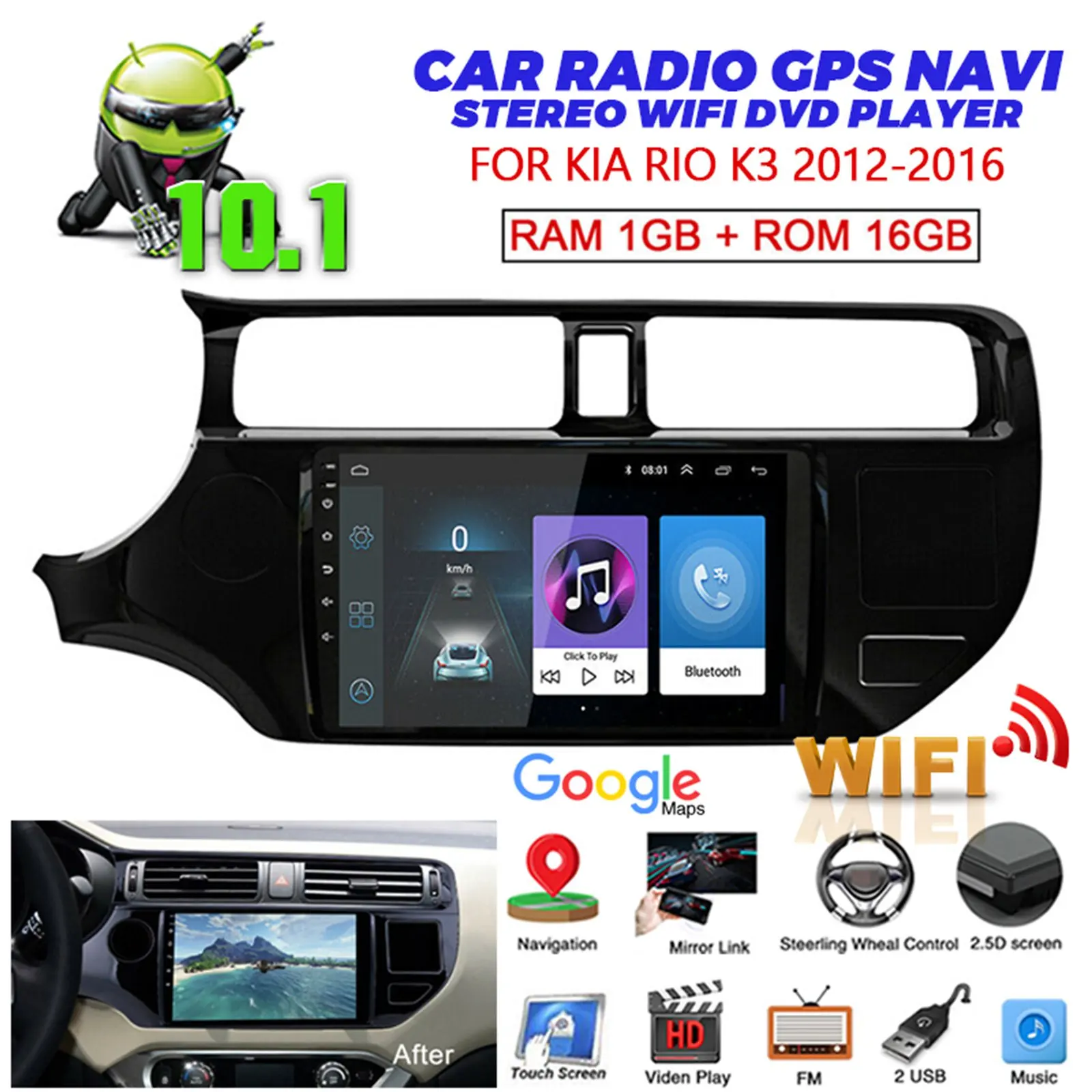 

9 Inch Android 10.1 Car Radio GPS Navigation Stereo WiFi DVD Player for Kia Rio K3 2012-2016 Car Multimedia Player 2DIN