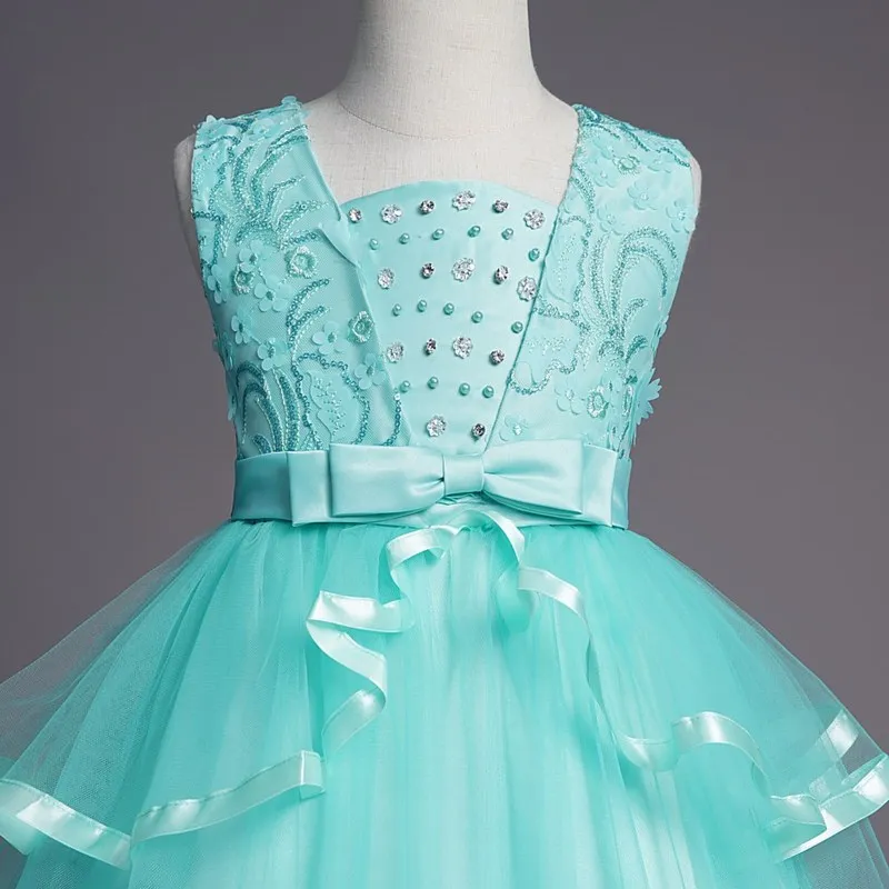 

Flower Girls Dresses Illusion Appliques Sequined Tulle Lace Sleeveless O-Neck Floor-Length Pearls Kids Party Princess Gown F185