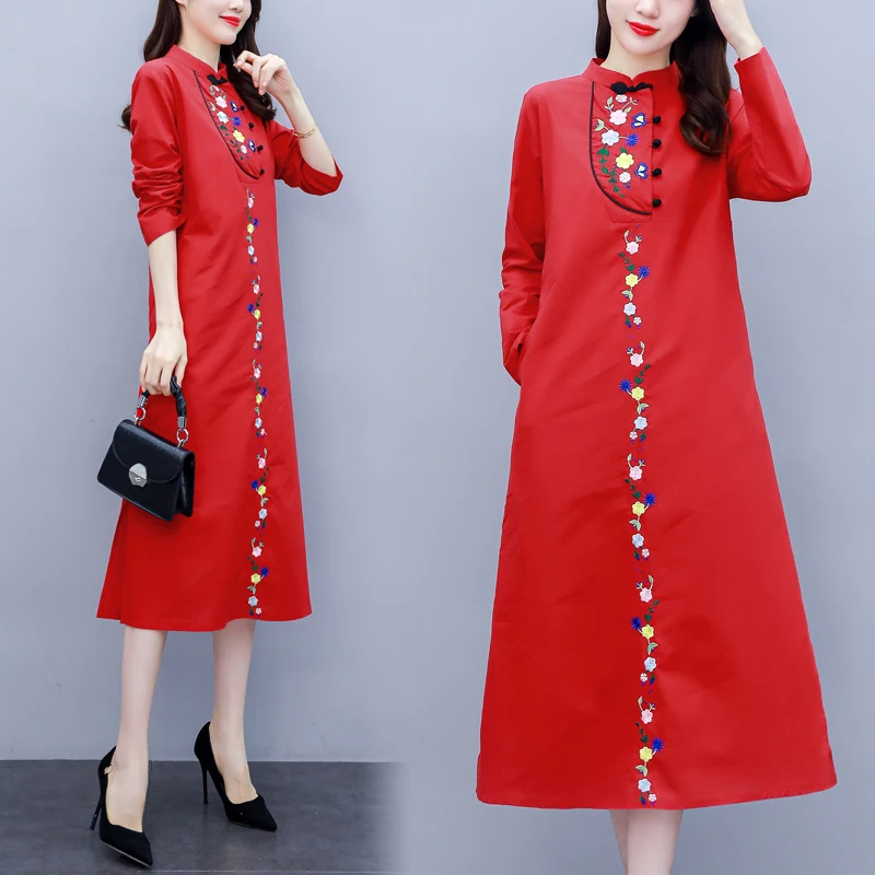 

Элегантное Новое красное платье Ципао с цветочной вышивкой для весны, праздничное китайское платье из хлопка и льна, традиционное китайско...