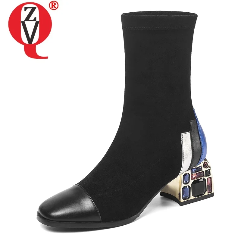 

ZVQ Fashion Brand Ankle Boots Ruby Crystal Diamond Heel Women's Shoes Autumn Genuine Cow Leather Elastic Fabric Ladies Booties