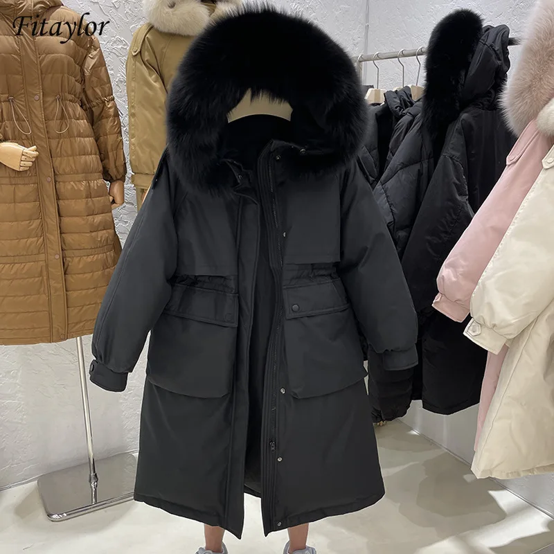 Fitaylor Женское пальто с натуральным мехом енота зимняя куртка на 90% белом утином