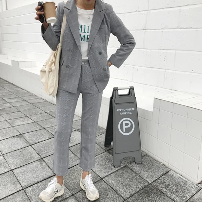 

Wenfly Women Clothes Long Sleeve Double Breasted Blazer Outerwear High Waist Pants Office Ladies Plaid Loose Two Piece Sets