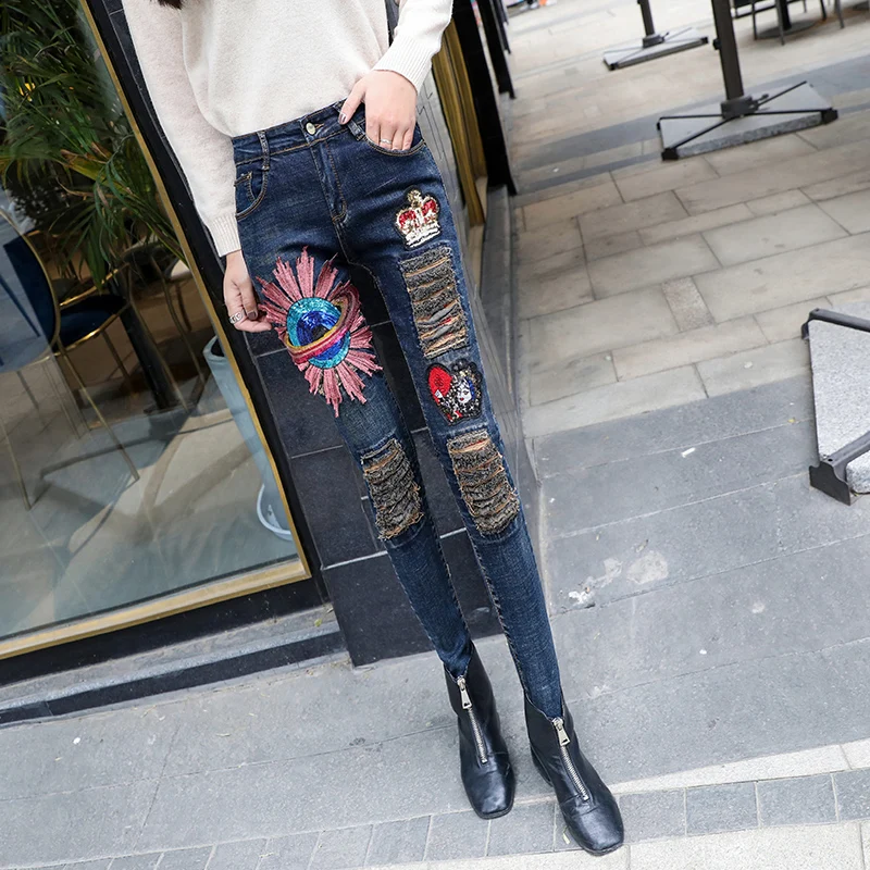 Fashion Sequins Crown Planet Patch Jeans Trousers Female High Waist Ripped Denim Pants Woman Casual Plus Size For Women | Женская одежда