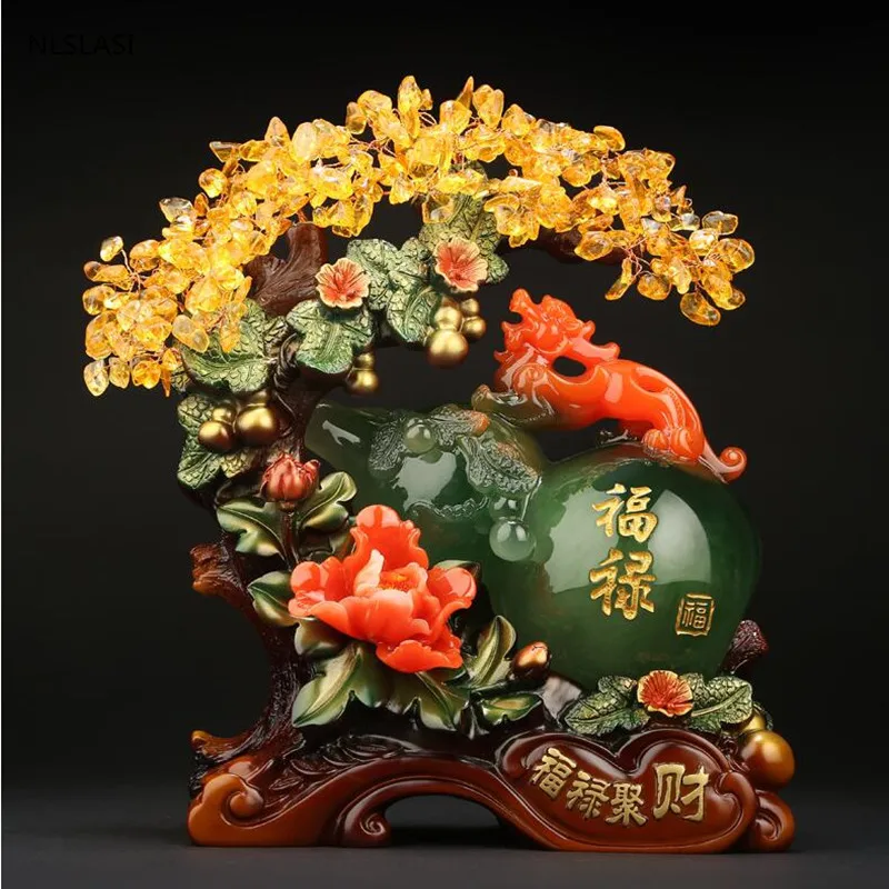 Feng shui Resin gourd Figurines Lucky Money Tree Ornaments Chinese Sculpture Crafts Desktop Art Home Office Decoration