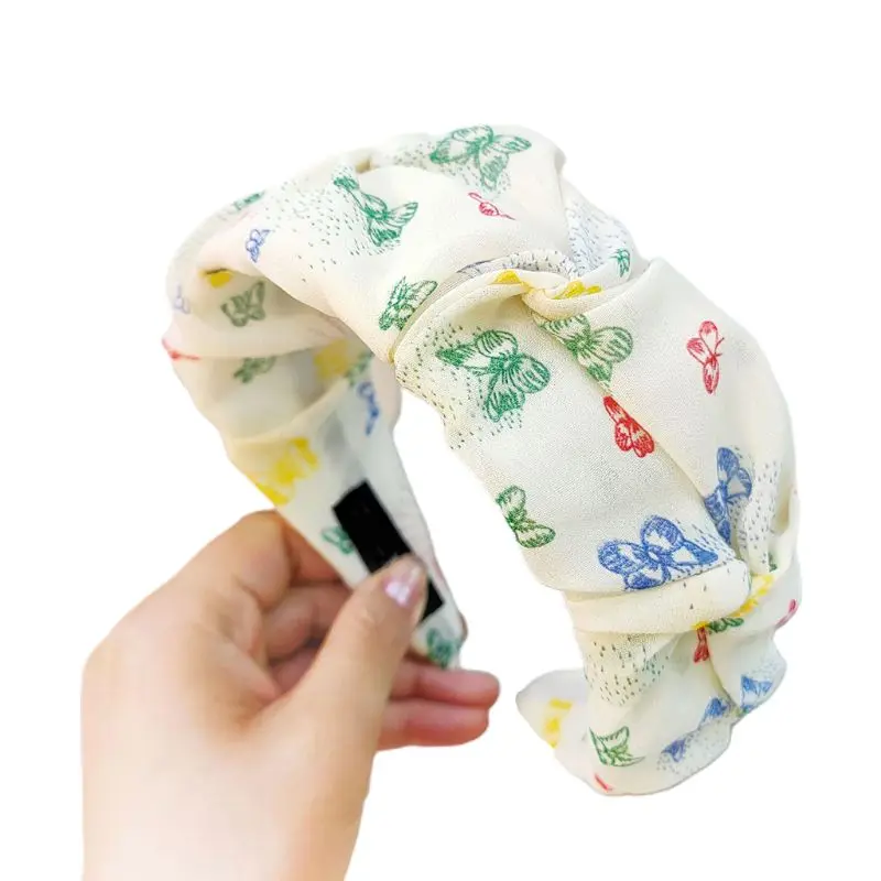 

Korean Fresh Style Women Pleated Hair Hoop Sweet Butterfly Printed Wide Bandana Macaron Candy Color Vacation Headband