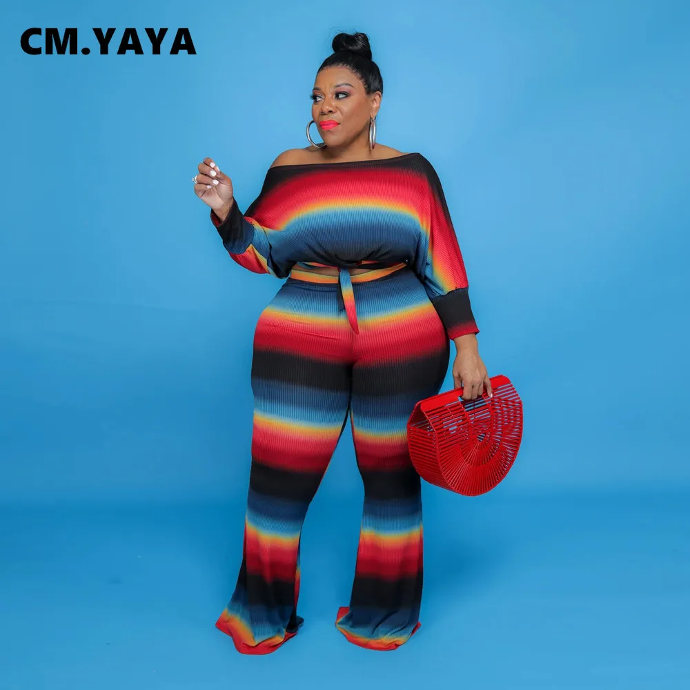 

Женский спортивный костюм в полоску CM.YAYA, комплект из двух предметов, укороченный топ с завязками и расклешенные брюки, повседневный осенни...