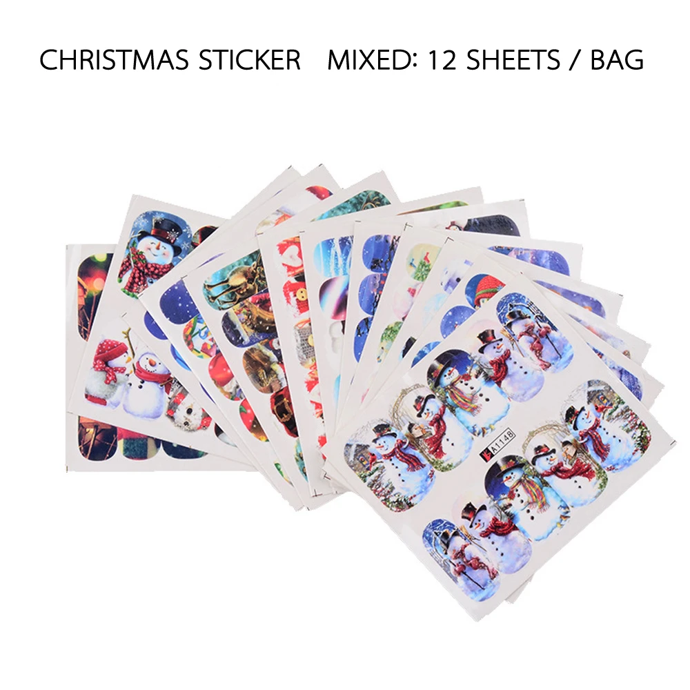 12Pcs Christmas Winter Popular Water Slide Nail Art Sticker Self-Adhesive DIY Decals Tips Snowman Manicure Stickers Decal | Красота и