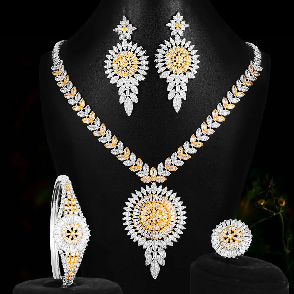 

Luxury Women Bridal Wedding Necklace Bracelet Earring Ring Jewelry Sets AAA Cubic Zirconia Party Show New Design High Quality