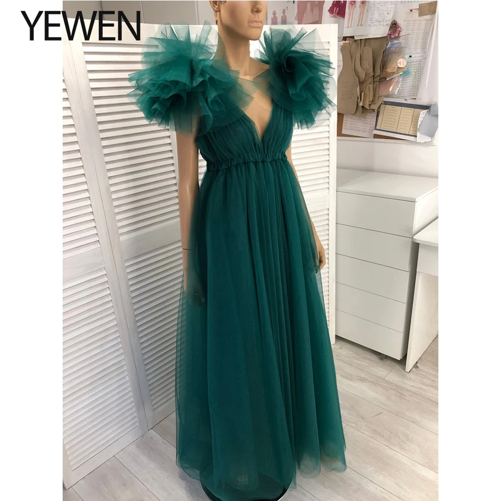 Tulle Ruffles Evening Dresses Long Double V Neck Prom Dress Photography Dress YEWEN