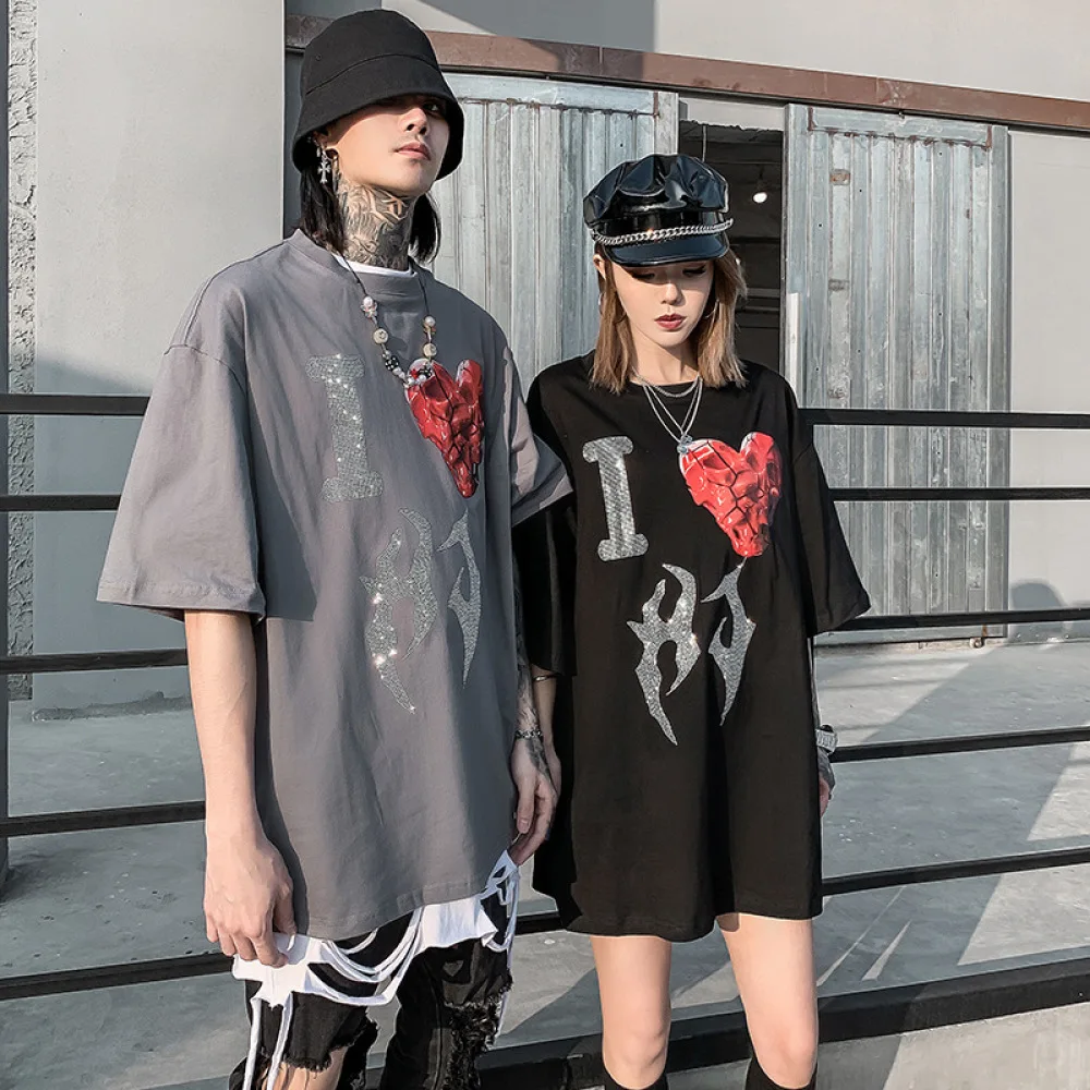

Men Rhinestone Print T Shirt Men's Hiphop Oversize Tshirts 2020 Summer Unisex Short Sleeve Tee 100% Cotton Couple Tops