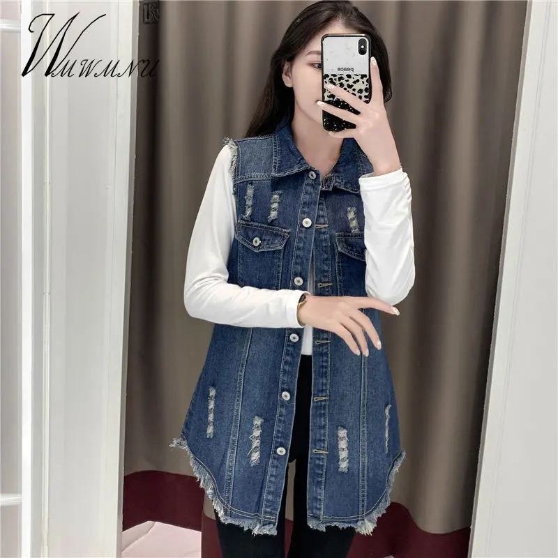 

Long Denim Jacket Women Korean Style Fashion Classic Plus Size Summer Jean Vest Casual Loose Sleeveless Top Straight Outerwear