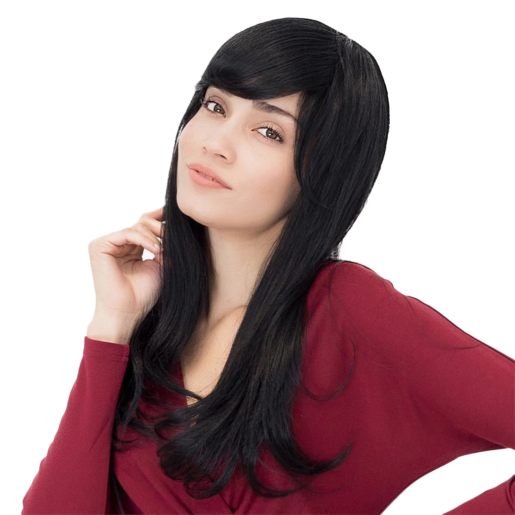 

Natural Long Straight Human Hair Wig Full Black Wigs Bangs for Women