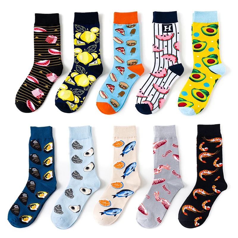 Женские забавные носки еда фрукты вышивка авокадо пицца торт креветки счастье