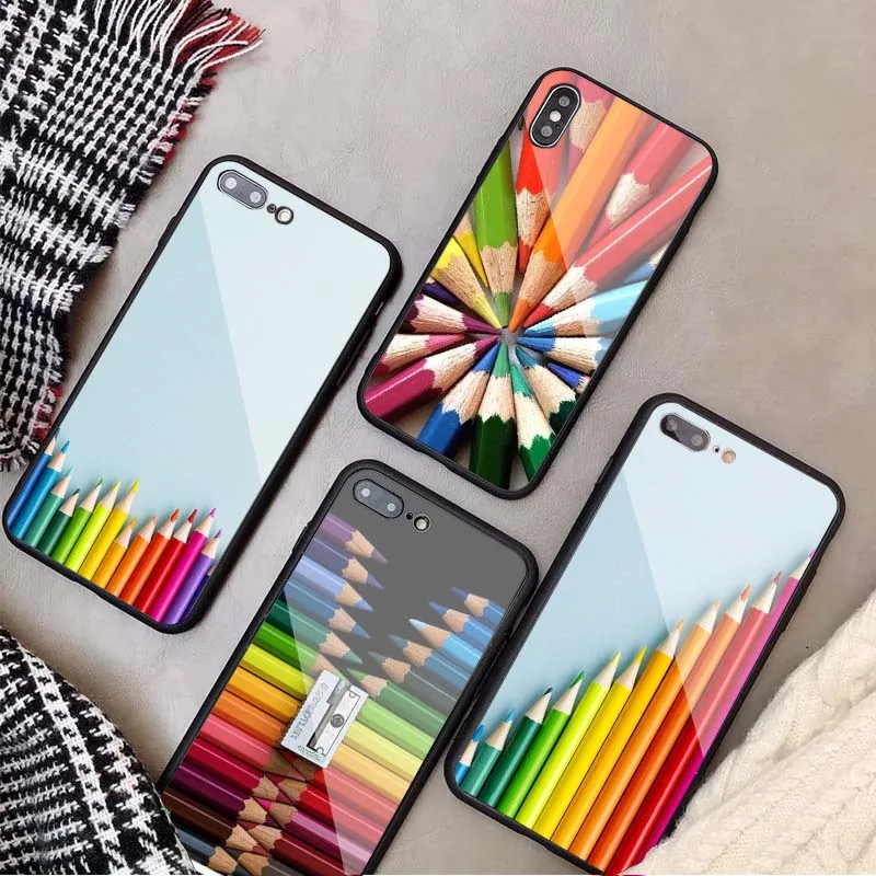 Цветной чехол для телефона из закаленного стекла с рисунком карандаша iphone 13 12 11 Pro