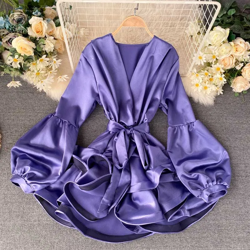 

Vintage Satin Women Sashes Wrap Dress Pleated Long Sleeve 2022 Autumn Winter Spring Clothes Party Elegant Christmas Elegant