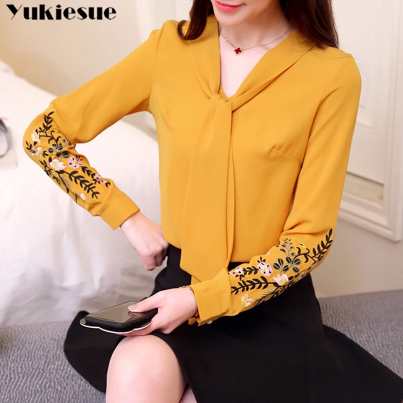 

2021 office lady shirt women tops blusas feminine blouse Long sleeve embroidery chiffon blouse womens tops and blouses shirt