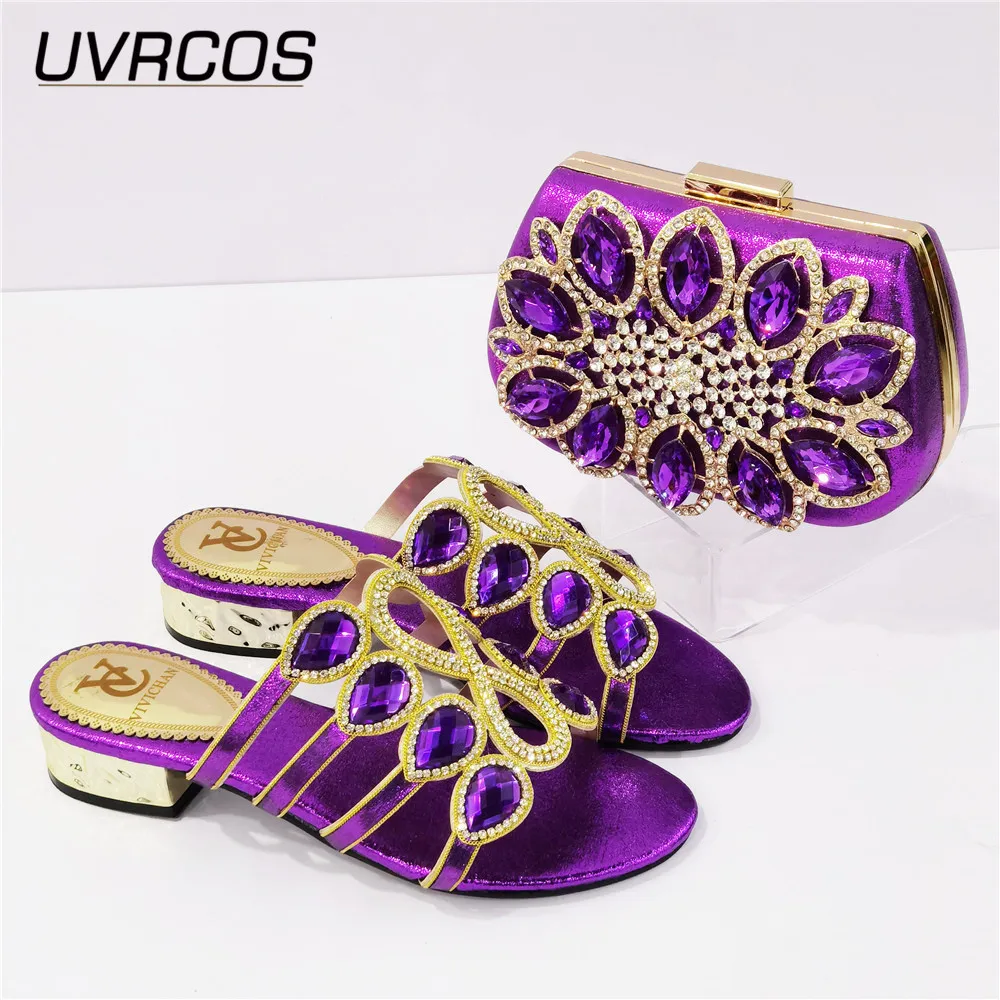 

Hot Selling Purple Color New Italian Design Nigerian Party Ladies Shoes and Bag Set With Fashionable Shape Rhinestone Decoration