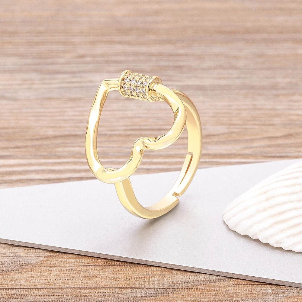 

High Quality Cubic Zirconia Crystal Heart Rings For Women Fashion Design Statement Gold Color 10 Styles Adjustable Jewelry Gift