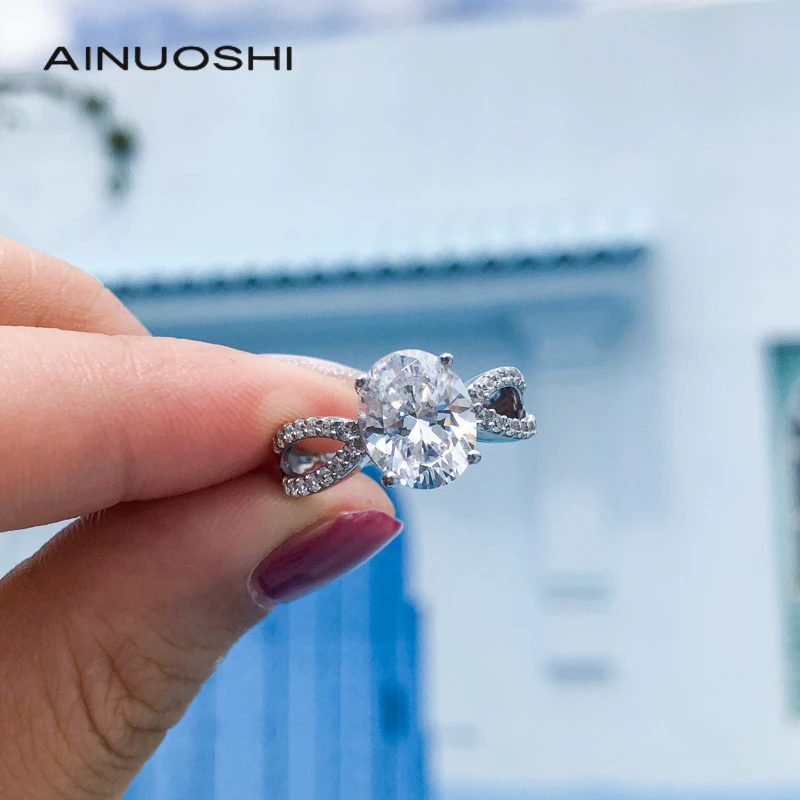 AINUOSHI 925 пробы серебро 3ct овальная имитация Сона алмаз Разделение хвостовик кольцо